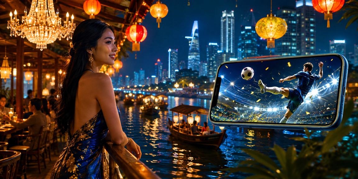 Người dùng chơi casino trực tuyến trên điện thoại tại chợ đêm Mekong Việt Nam